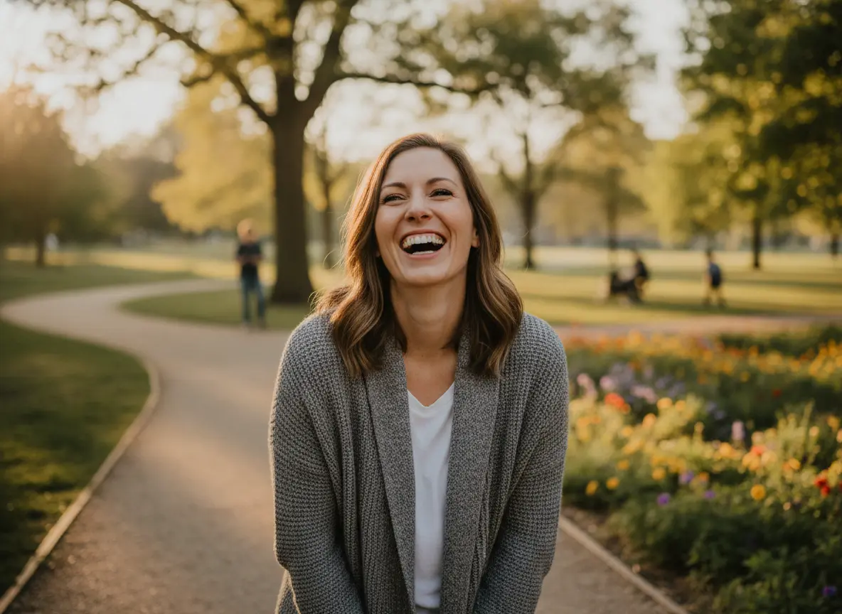 A woman laughing in a park